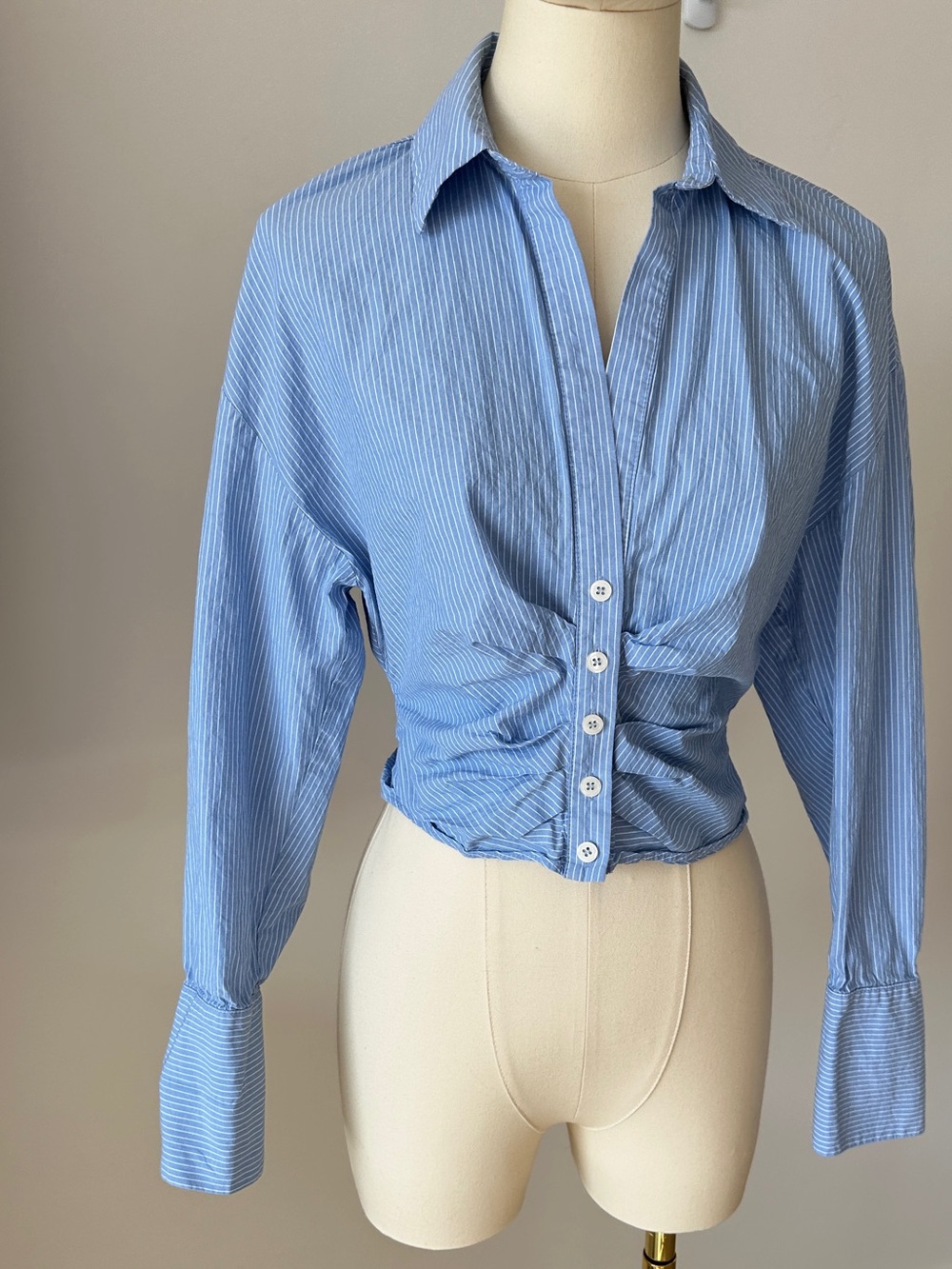 Zara Light Blue Pinstripe Cropped Button-Down Shirt